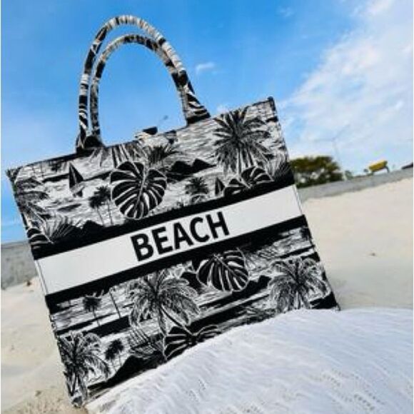 London Fog Beach Canvas Tote Bag - Black & White Tropical Palm NEW Ltd Edition - Picture 2 of 12